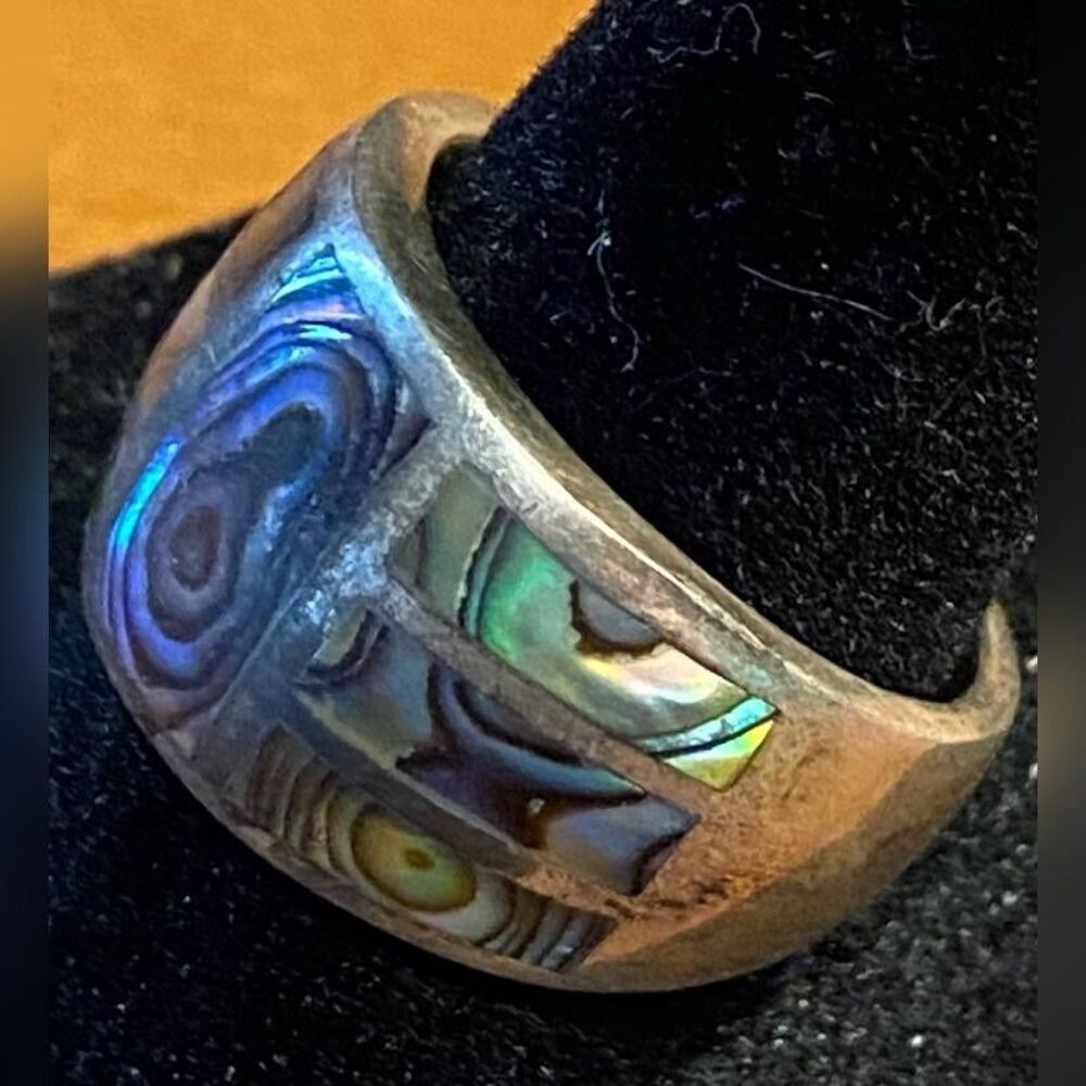 Sterling Silver 925 Abalone Mother Of Pearl Inlay Band Ring Size 8 Multicolor - Picture 2 of 5